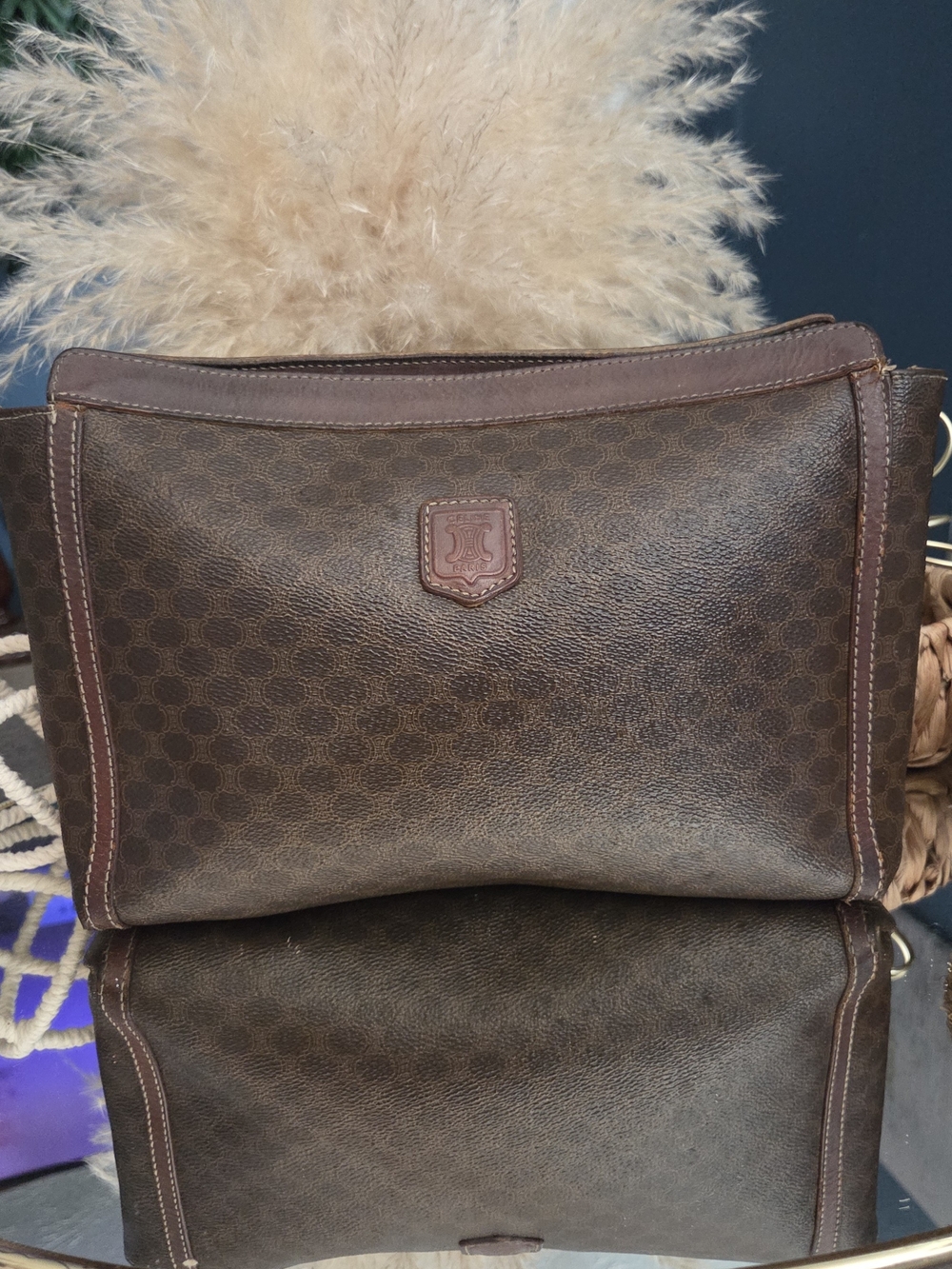 Celine Paris Vintage Macadam Brown Coated Canvas Leather Clutch Portfolio Italy